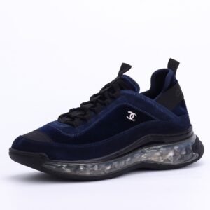 CHANEL Calfskin Velvet Grosgrain Sneakers In Navy Blue/ Black