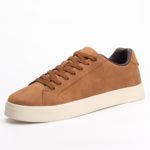 Tan minimalist matte low-top sneakers with clean low-profile design